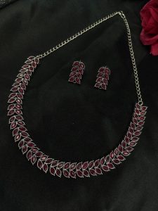Beautiful Stone Work Leaf Necklace Set | Oxidized Silver Plated Ethnic Traditional Jewelry - color: "Red"