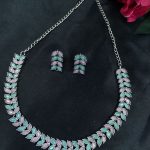 Beautiful Stone Work Leaf Necklace Set | Oxidized Silver Plated Ethnic Traditional Jewelry - "Baby Pink-Mint"