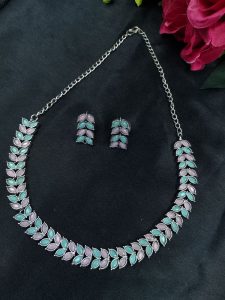 Beautiful Stone Work Leaf Necklace Set | Oxidized Silver Plated Ethnic Traditional Jewelry - color: "Baby Pink-Mint"