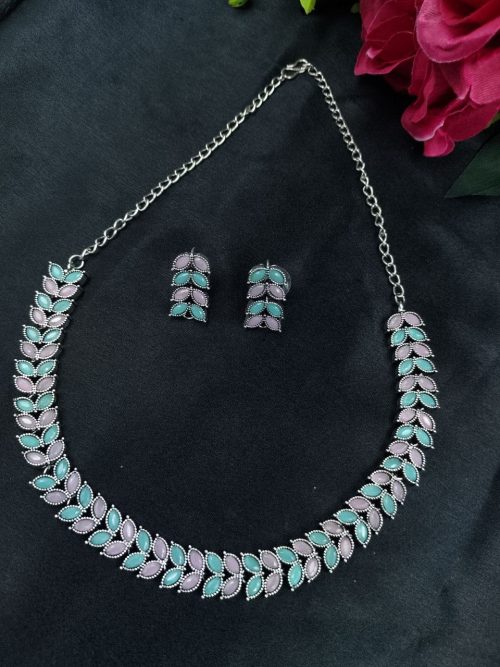 Oxidized silver plated leaf necklace set with stone work