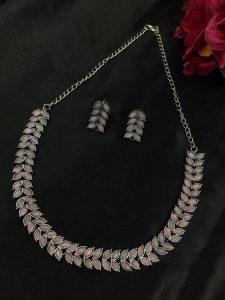 Beautiful Stone Work Leaf Necklace Set | Oxidized Silver Plated Ethnic Traditional Jewelry - color: "Baby Pink"