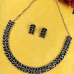 Beautiful Stone Work Leaf Necklace Set | Oxidized Silver Plated Ethnic Traditional Jewelry - "Black"
