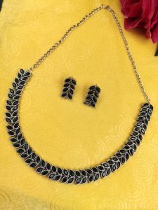 Beautiful Stone Work Leaf Necklace Set | Oxidized Silver Plated Ethnic Traditional Jewelry - color: "Black"