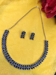 Beautiful Stone Work Leaf Necklace Set | Oxidized Silver Plated Ethnic Traditional Jewelry - color: "Blue"