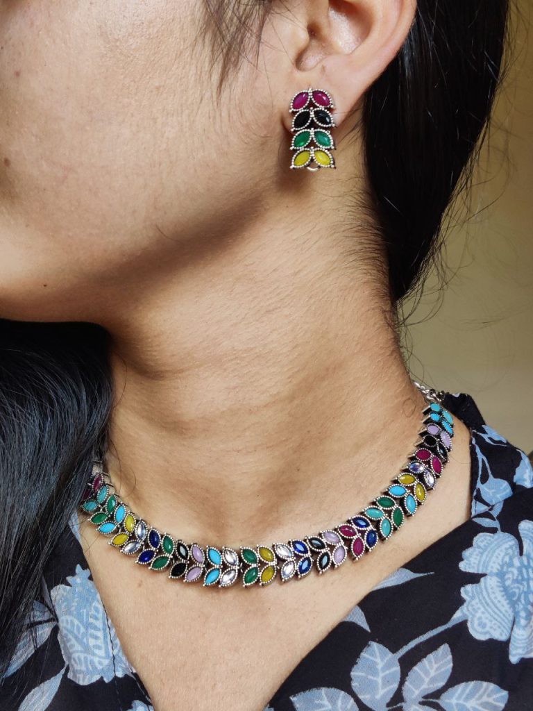 Beautiful Stone Work Leaf Necklace Set | Oxidized Silver Plated Ethnic Traditional Jewelry