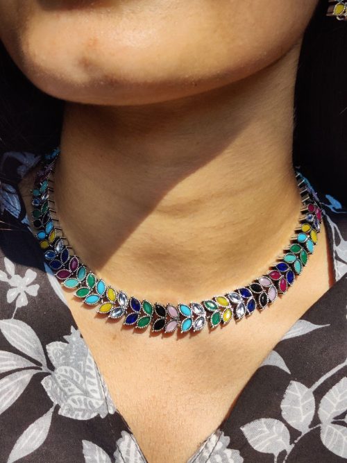 Oxidized silver plated leaf necklace set with stone work