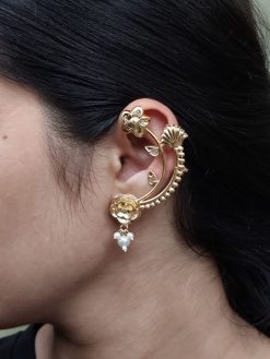Gold plated rose earcuff with pearl ethnic design for women
