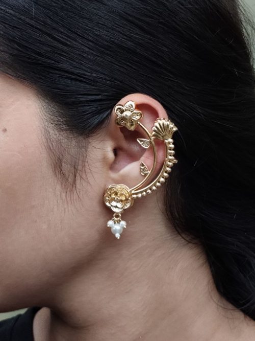Gold plated rose earcuff with pearl ethnic design for women