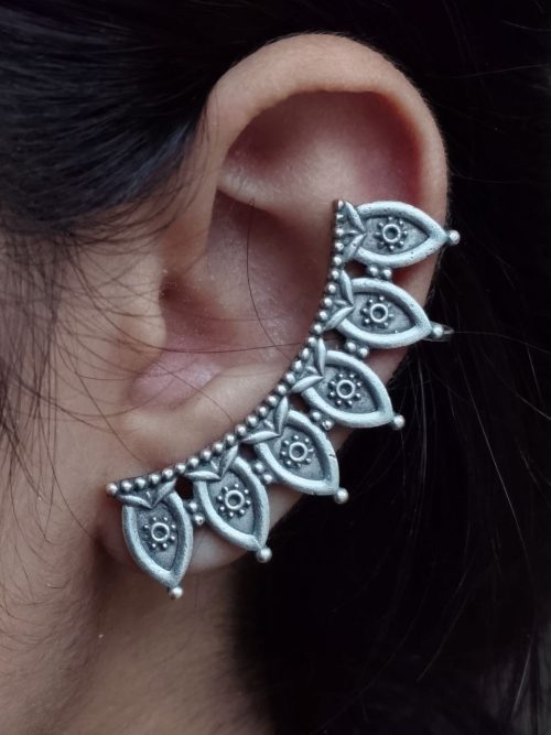 Silver plated ethnic earcuff with unique design for daily wear jewelry.