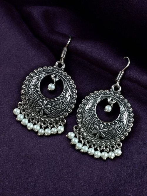 German Silver Chandbali Earrings with Pearl Hook Dangler