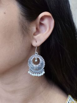 German Silver Chandbali Earrings with Pearl Hook Dangler