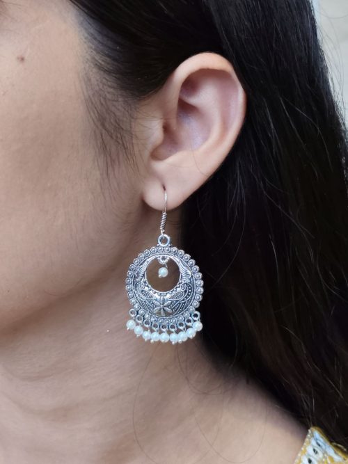 German Silver Chandbali Earrings with Pearl Hook Dangler