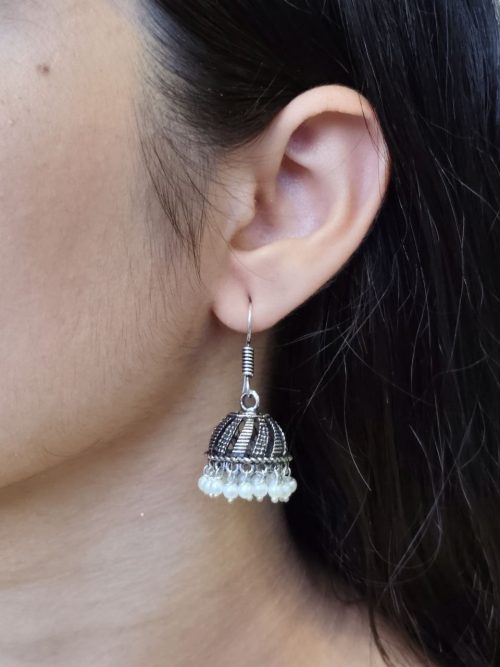 Oxidized German Silver Pearl Jhumki Earrings with Hook Design