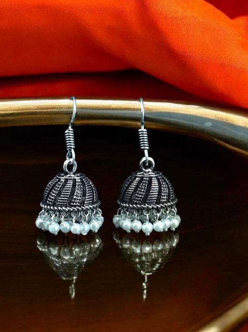 Oxidized German Silver Pearl Jhumki Earrings with Hook Design