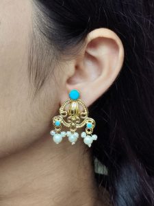 Ethnic Look Alike Gold Plated Earrings | Stone & Pearl Work Unique Design Jewelry - color: "Aqua"