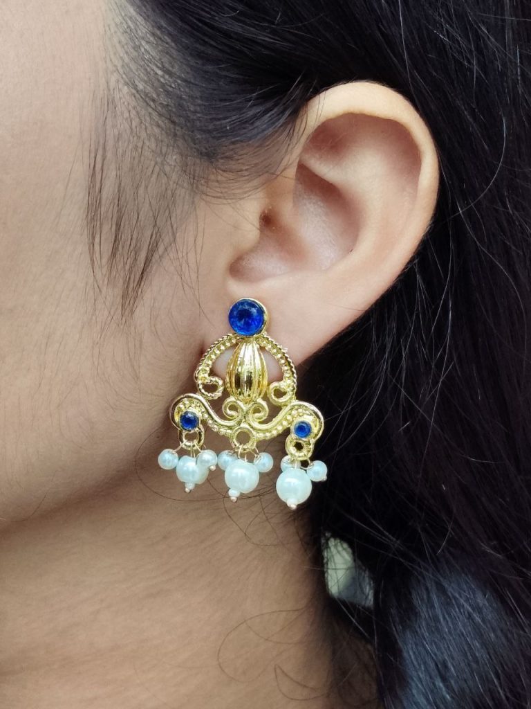 Bulk 316 Ethnic Look Alike Gold Plated Earrings | Stone & Pearl Work Unique Design Jewelry - "Blue"