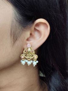 Ethnic Look Alike Gold Plated Earrings | Stone & Pearl Work Unique Design Jewelry - color: "Baby Pink"