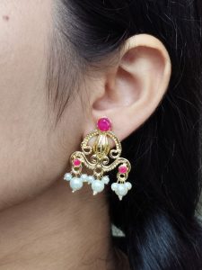 Ethnic Look Alike Gold Plated Earrings | Stone & Pearl Work Unique Design Jewelry - color: "Red"
