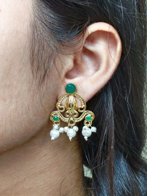 Ethnic gold plated earrings with stone and pearl work unique design