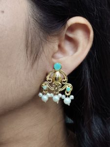 Ethnic Look Alike Gold Plated Earrings | Stone & Pearl Work Unique Design Jewelry - color: "Mint"