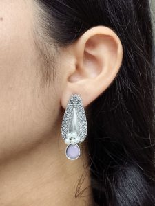 Traditional Oxidized Stud Earrings | Silver Plated Best Floral Art with Stone & Pearl Work - color: "Baby Pink"