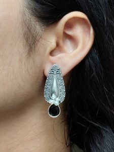 Traditional Oxidized Stud Earrings | Silver Plated Best Floral Art with Stone & Pearl Work - color: "Black"