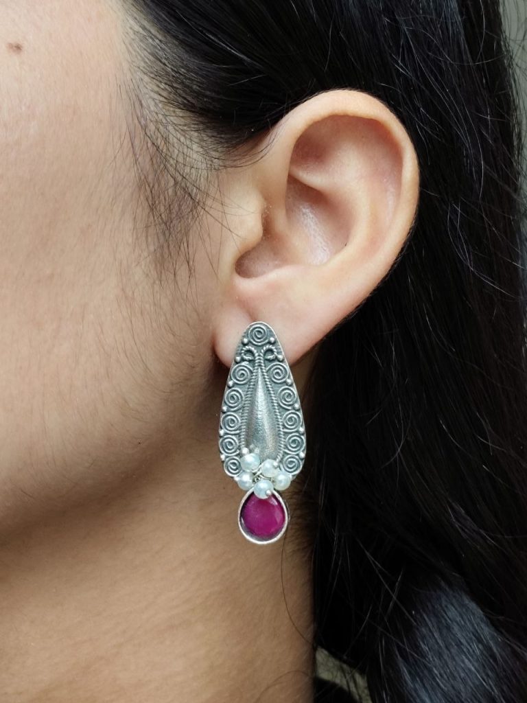 Bulk 302 Traditional Oxidized Stud Earrings | Silver Plated Best Floral Art with Stone & Pearl Work - "Red"