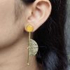 Gold plated half circle earrings with floral art and stone work