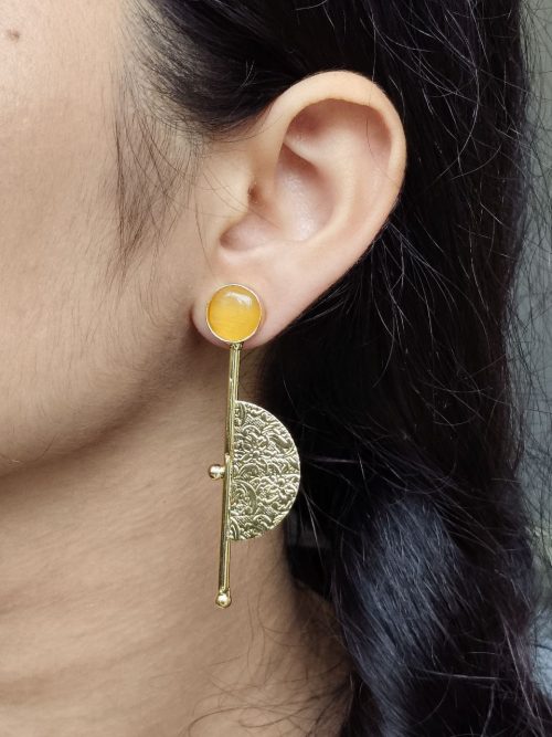 Gold plated half circle earrings with floral art and stone work