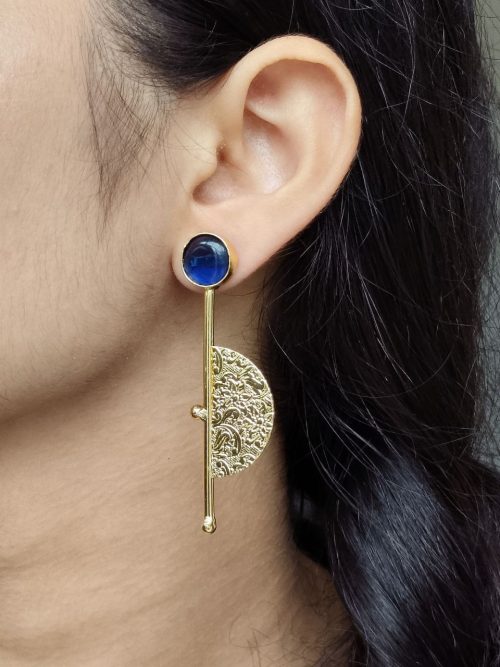 Gold plated half circle earrings with floral art and stone work