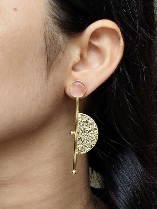 Gold plated half circle earrings with floral art and stone work