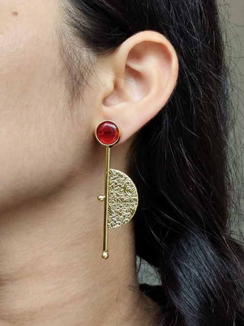 Gold plated half circle earrings with floral art and stone work