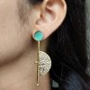 Gold plated half circle earrings with floral art and stone work
