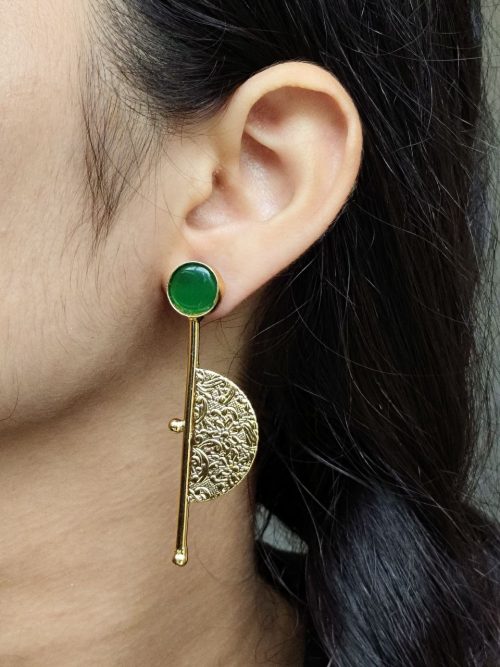 Gold plated half circle earrings with floral art and stone work
