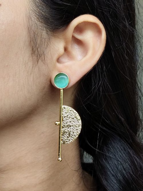 Gold plated half circle earrings with floral art and stone work