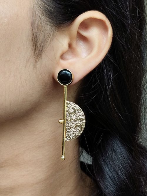 Gold plated half circle earrings with floral art and stone work