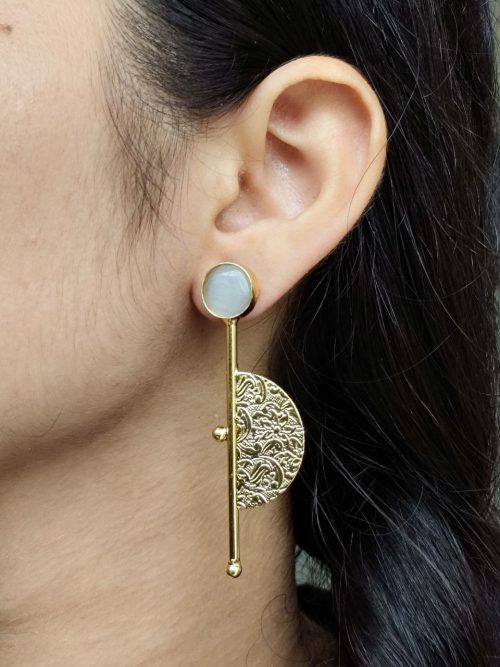 Gold plated half circle earrings with floral art and stone work