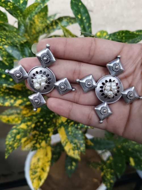 Boho inspired earrings silver plated pearl work ethnic earrings for women.
