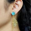 Gold plated half circle earrings with floral art and stone work