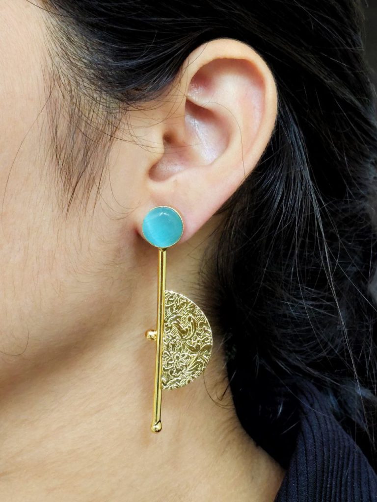Bulk 268 Gold Plated Half Circle Earrings | Stone Work Best Floral Art Jewelry for Ethnic & Western Look - "Aqua"