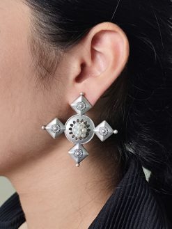 Boho inspired earrings silver plated pearl work ethnic earrings for women.