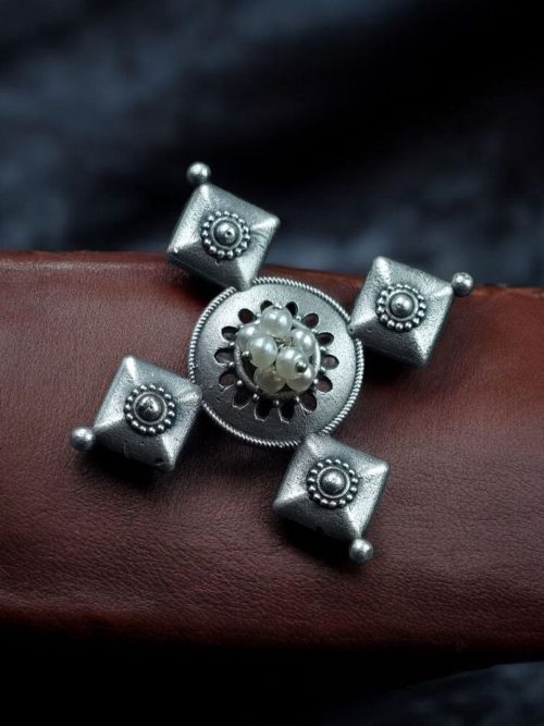 Silver plated oxidized look ring with pearl work for party wear