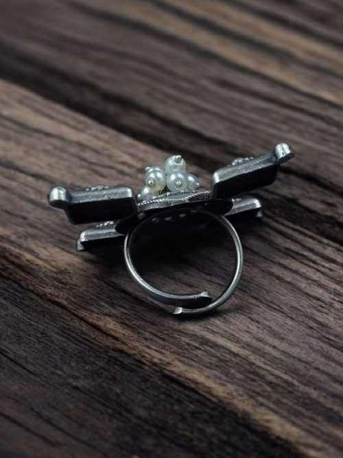 Silver plated oxidized look ring with pearl work for party wear
