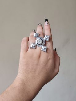 Silver plated oxidized look ring with pearl work for party wear