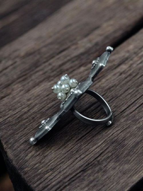 Silver plated oxidized look ring with pearl work for party wear
