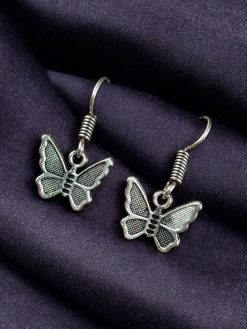 German silver butterfly dangler hook earrings for daily wear and casual outfits.