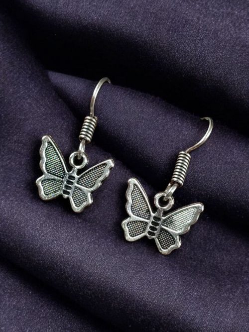 German silver butterfly dangler hook earrings for daily wear and casual outfits.