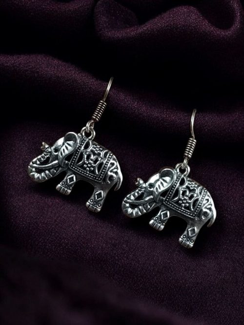 Lightweight German silver elephant dangler hook earrings for everyday and casual wear.