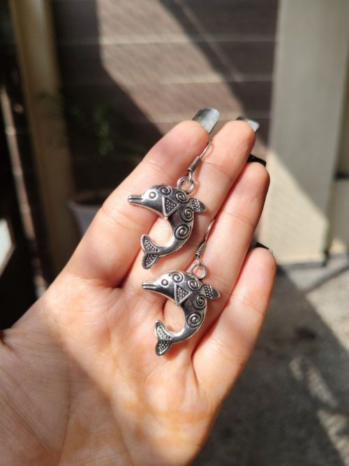 German silver dolphin dangler hook earrings for daily wear and casual outfits.