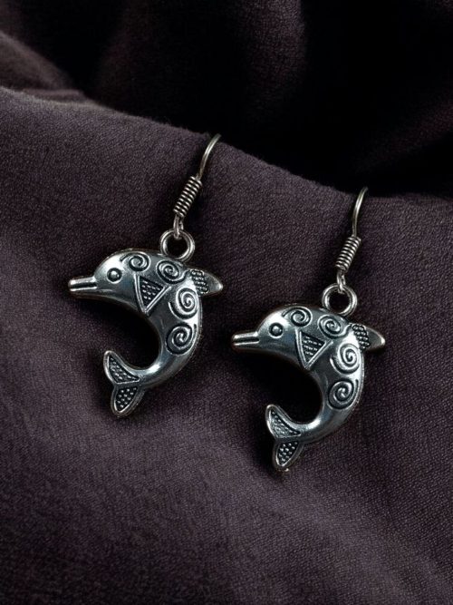 German silver dolphin dangler hook earrings for daily wear and casual outfits.